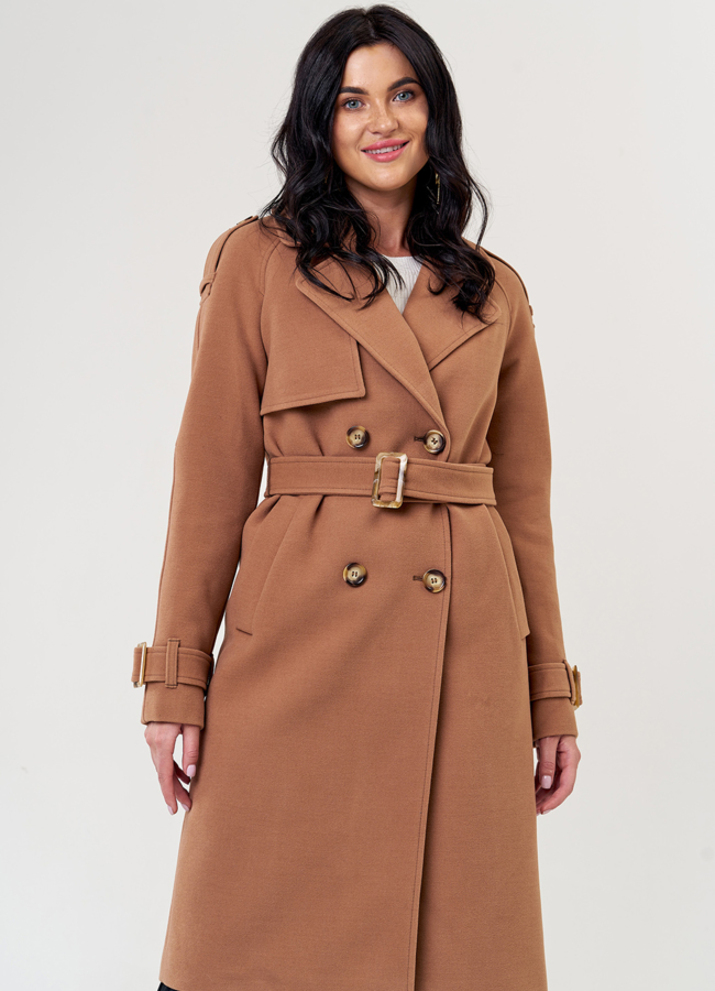 Женское пальто коричневого цвета с поясом модель № 21377 меха малина