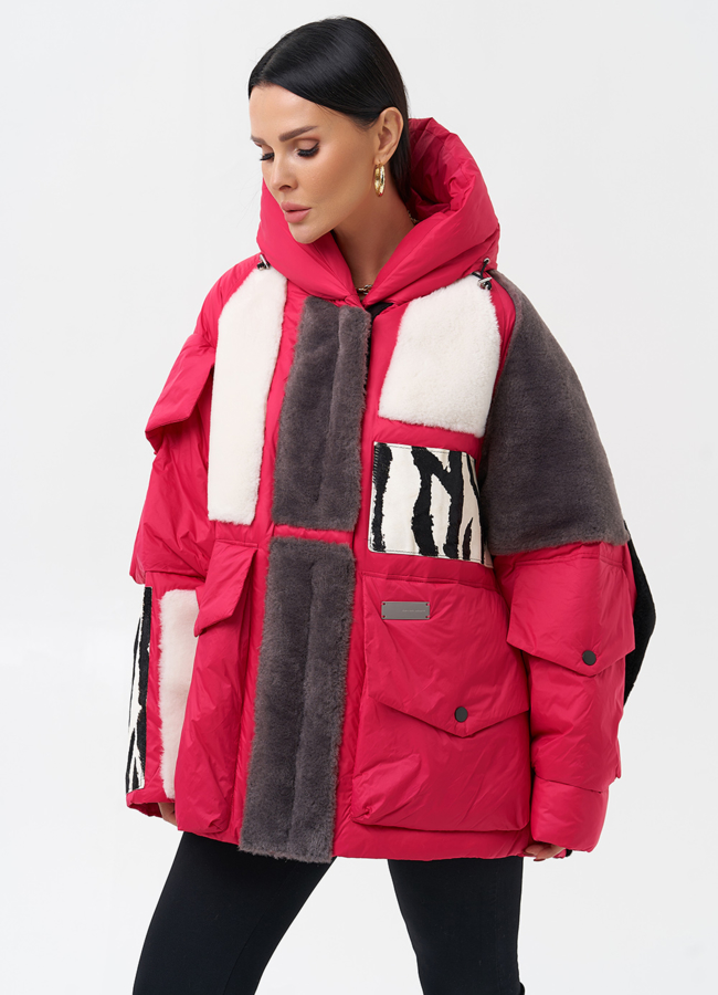 Комбинированный женский пуховик с капюшоном модель № 28371 универмаг малина