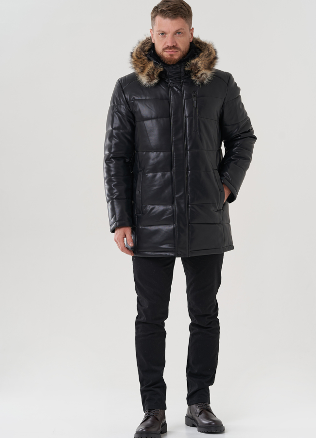 Мужской пуховик из эко кожи с капюшоном  модель № 81845 универмаг малина