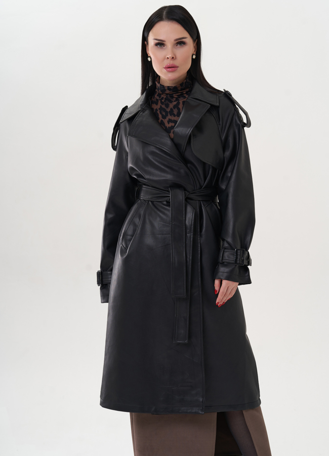 фото Плащ из эко кожи черного цвета модель № 26737