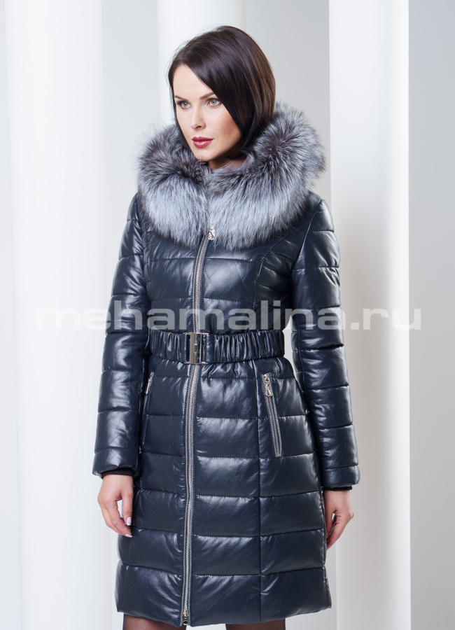 Пуховик из экокожи с чернобуркой, цвет графит модель № П-35 в кредит