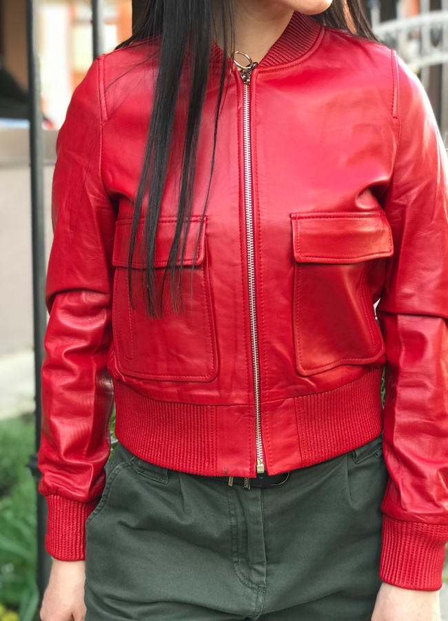 Кожаный бомбер в красном цвете модель № 87072 в кредит