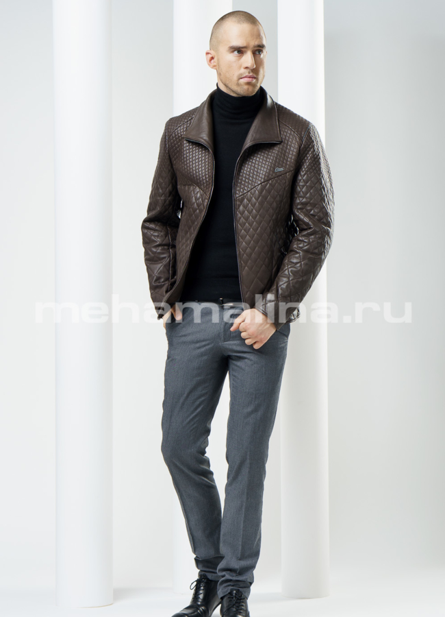 Кожаная куртка мужская модель № KP-72 меха малина