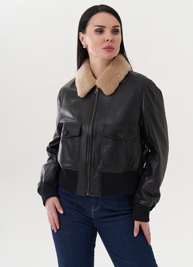 Куртка пилот из натуральной кожи черного цвета модель № 26714 в кредит