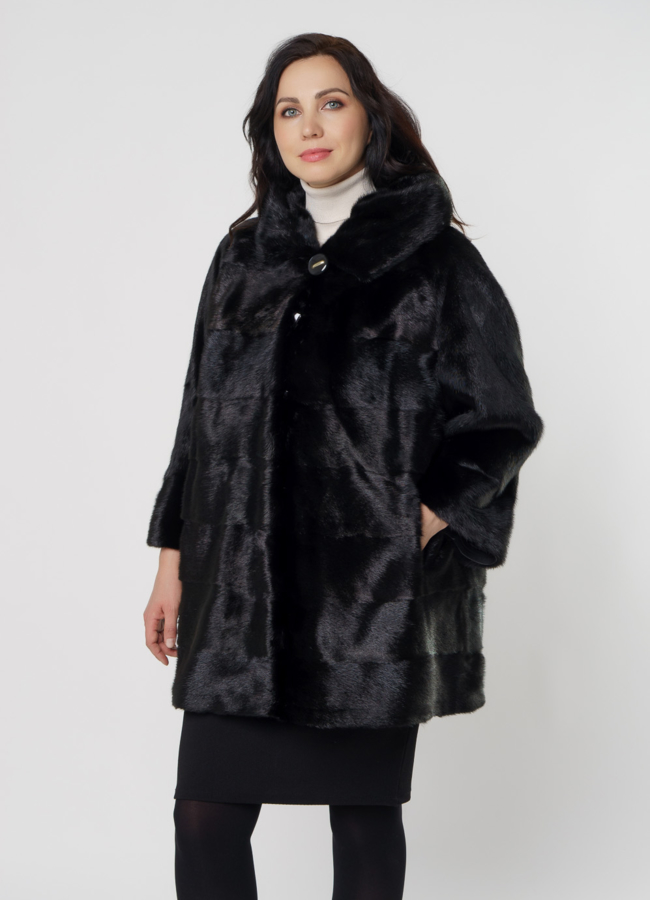 фото Норковая шуба поперечная с капюшоном модель № 8010
