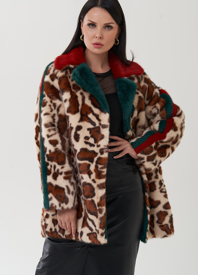 Полупальто с анималистичным принтом из эко меха модель № 25420 меха малина