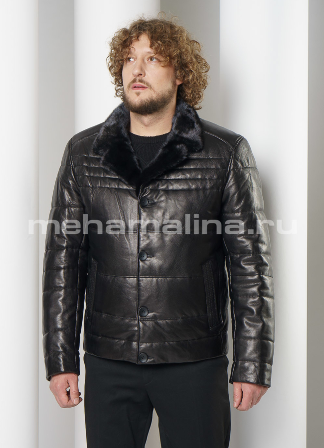 Мужской кожаный пуховик на пуговицах  модель № ПМ-111 меха малина