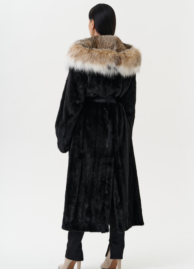 фото Норковая шуба с капюшоном из меха рыси модель № 28022