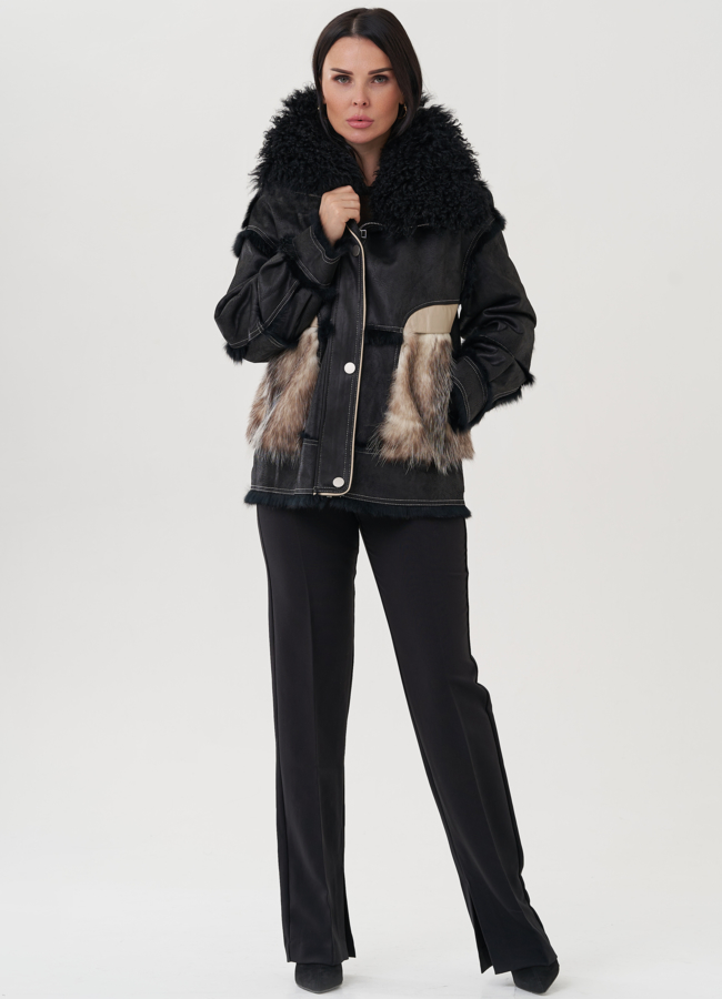 Куртка черного цвета с деталями из меха кролика модель № 25543 меха малина