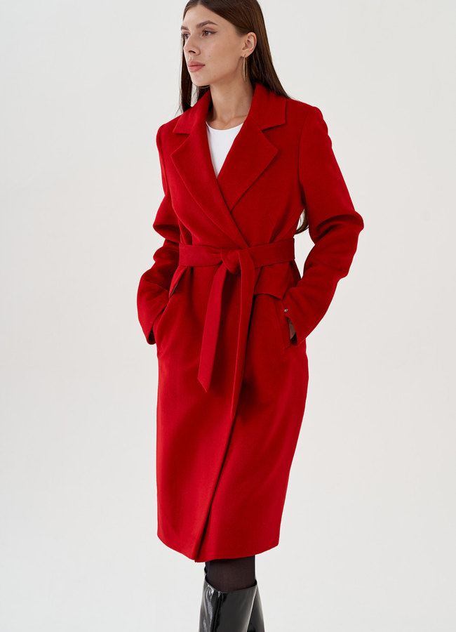 Пальто женское удлиненное  в красном цвете с поясом модель № 81037 универмаг малина