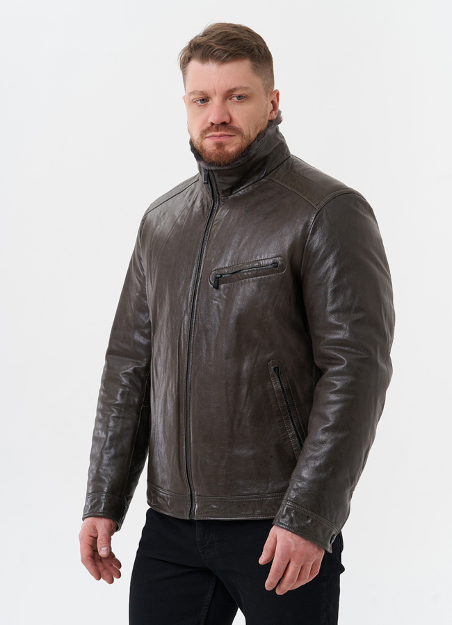 фото Пуховик из натуральной кожи с отделкой из овчины модель № 28948