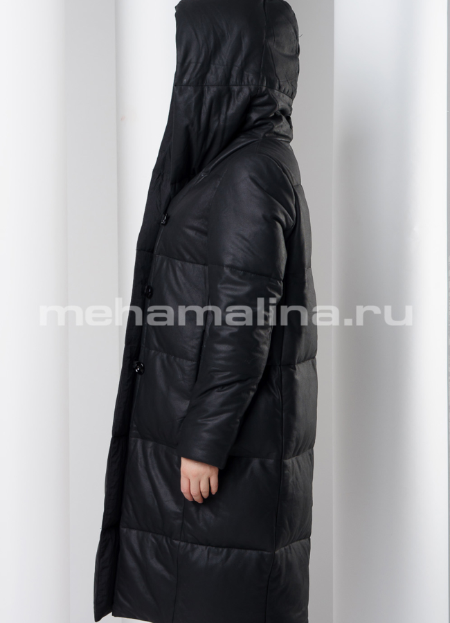 Кожаное пальто с капюшоном модель № K-387 универмаг малина