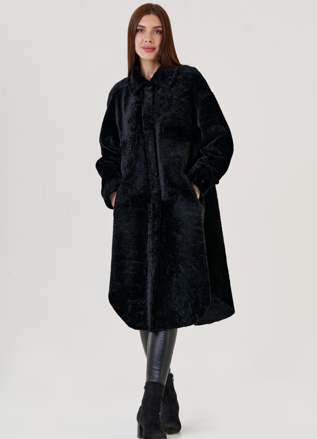 Двухсторонняя женская дубленка черного цвета  модель № 23357 универмаг малина