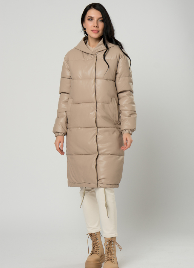 фото Длинный пуховик из эко кожи модель № 73321