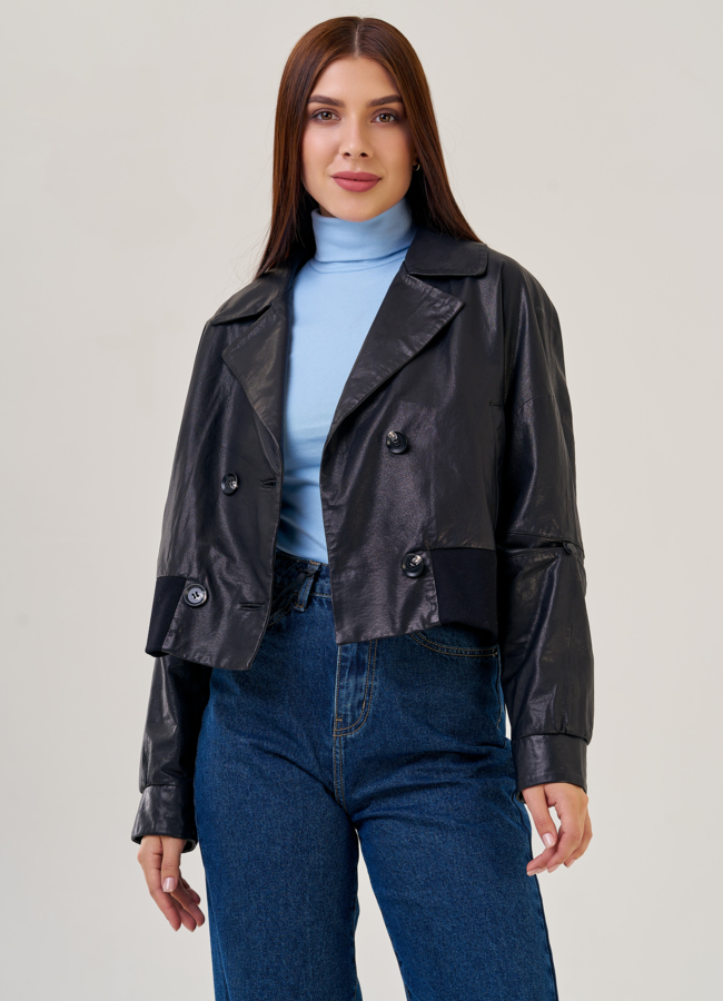 Женская кожаная куртка черного цвета  модель № 22455 универмаг малина