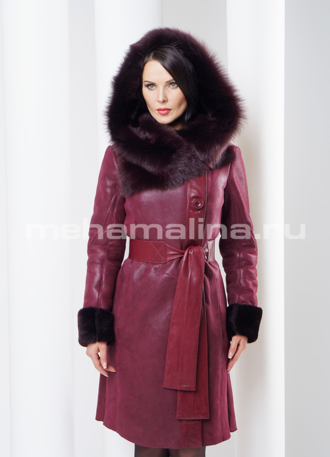 Дубленка на пуговицах, цвет бордо модель № D-129 меха малина