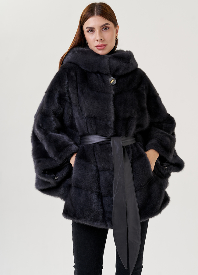 Шуба из норки в цвете графит с капюшоном  модель № 23359 меха малина