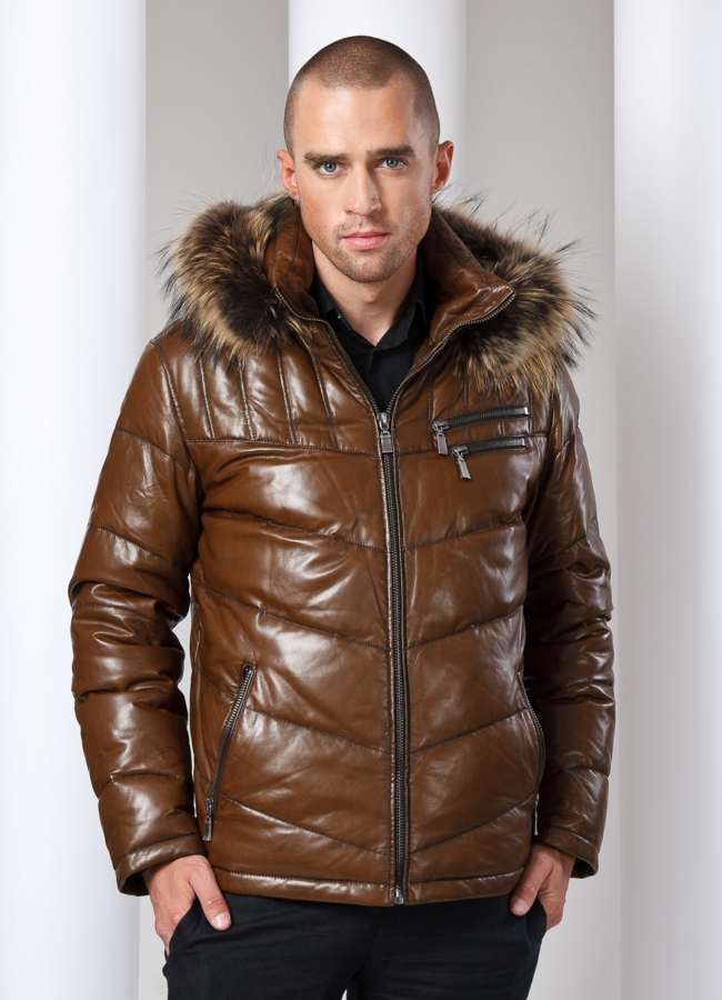 Кожаный пуховик модель № ПМ-3 меха малина