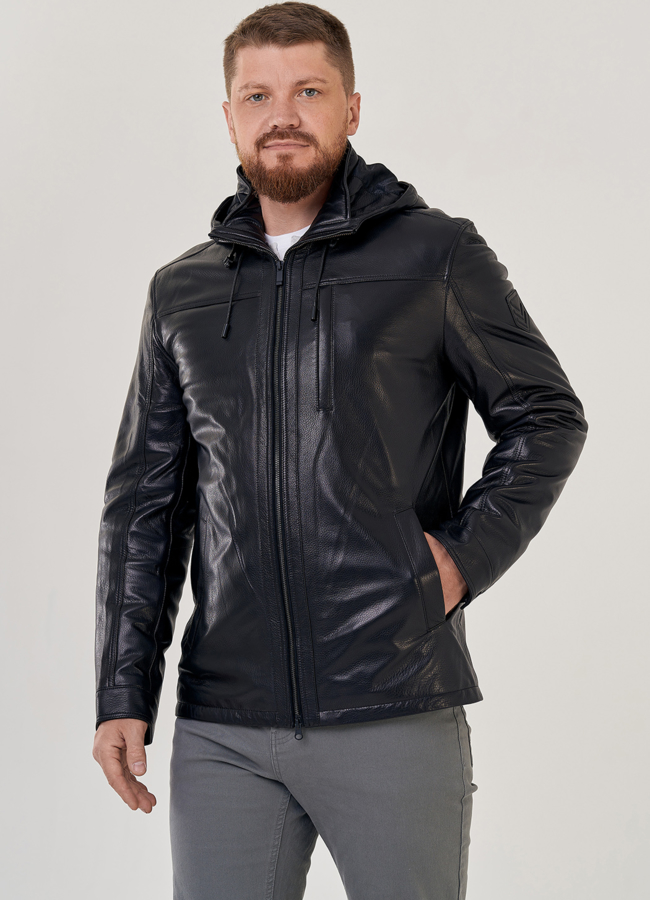 Мужская кожаная куртка с капюшоном модель № 23146 меха малина