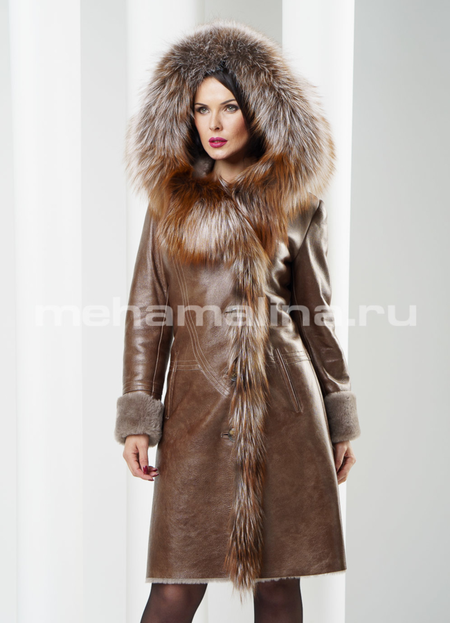 Дубленка с лисой, влаго устойчивое покрытие модель № D-121 в кредит