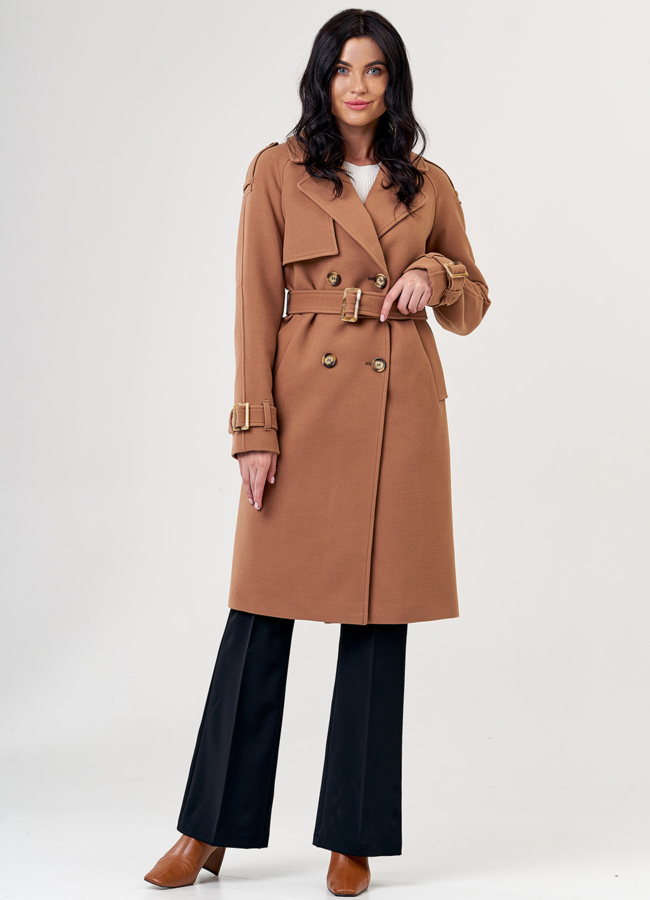 Женское пальто коричневого цвета с поясом модель № 21377 универмаг малина