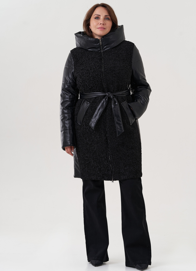 фото Пуховик из эко кожи с капюшоном модель № 25342