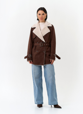 Женская дубленка из эко замши с английским воротником