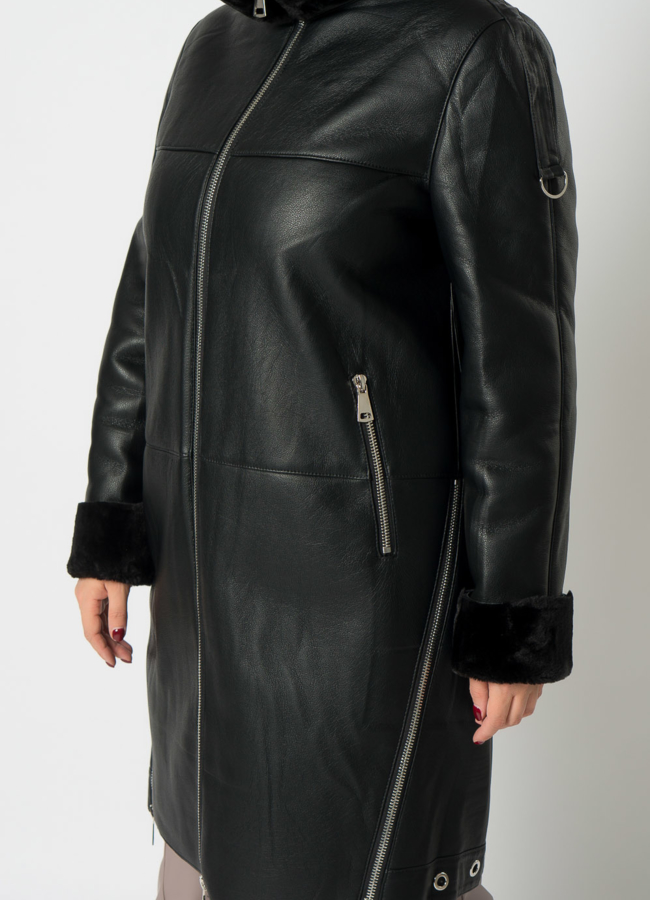 Удлиненная эко дубленка черного цвета на молнии модель № 74538 универмаг малина