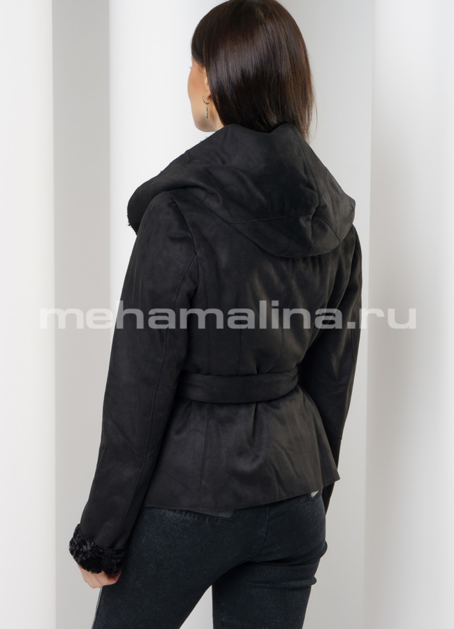 Дубленка эко черного цвета на молнии с капюшоном модель № 9196 в кредит