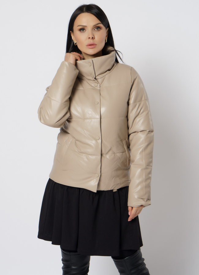 Утепленная куртка из эко кожи с воротником стойкой модель № 21716 меха малина