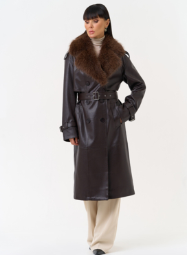Женское утепленное пальто из экокожи с воротником из эко меха Женское утепленное пальто из экокожи с воротником из эко меха