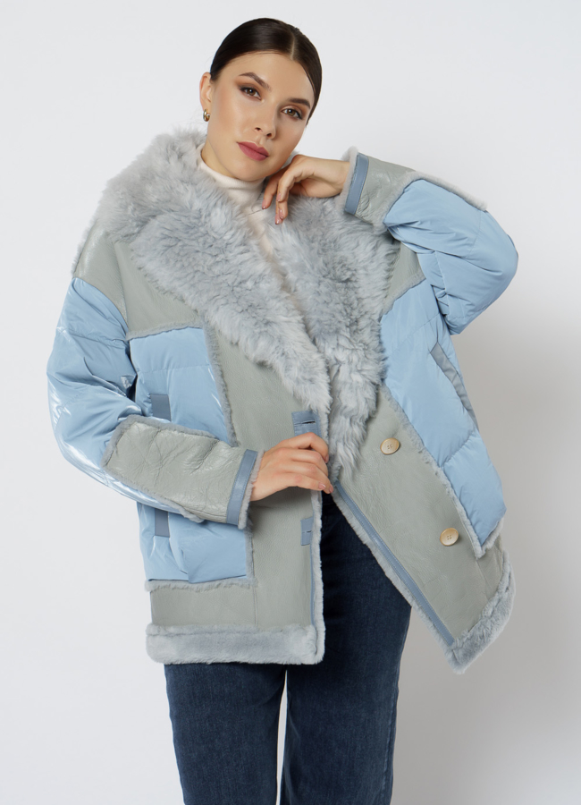 Пуховик с английским воротником модель № 2076 меха малина