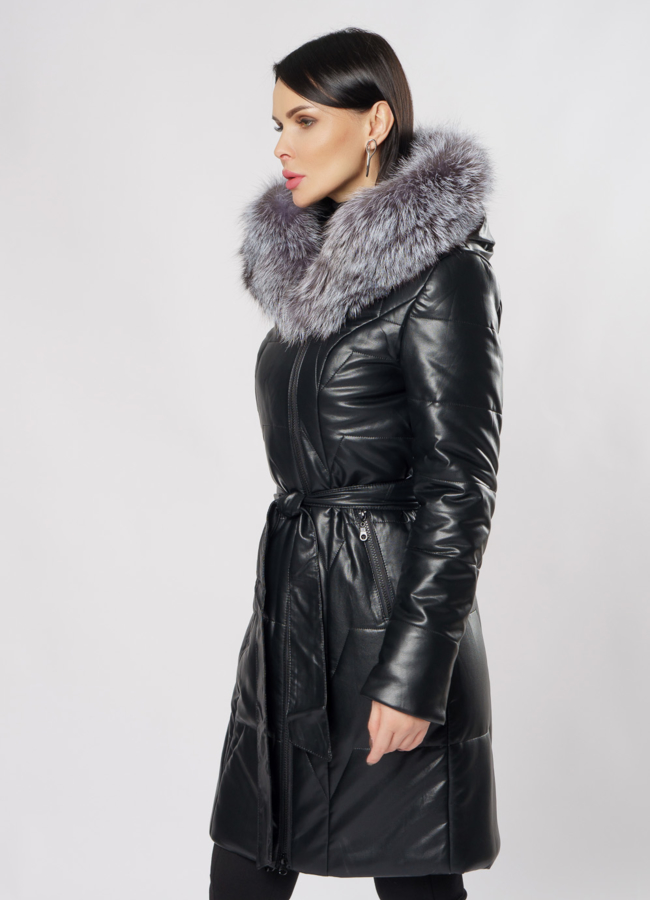 Пуховик из эко кожи с капюшоном модель № 19223 универмаг малина