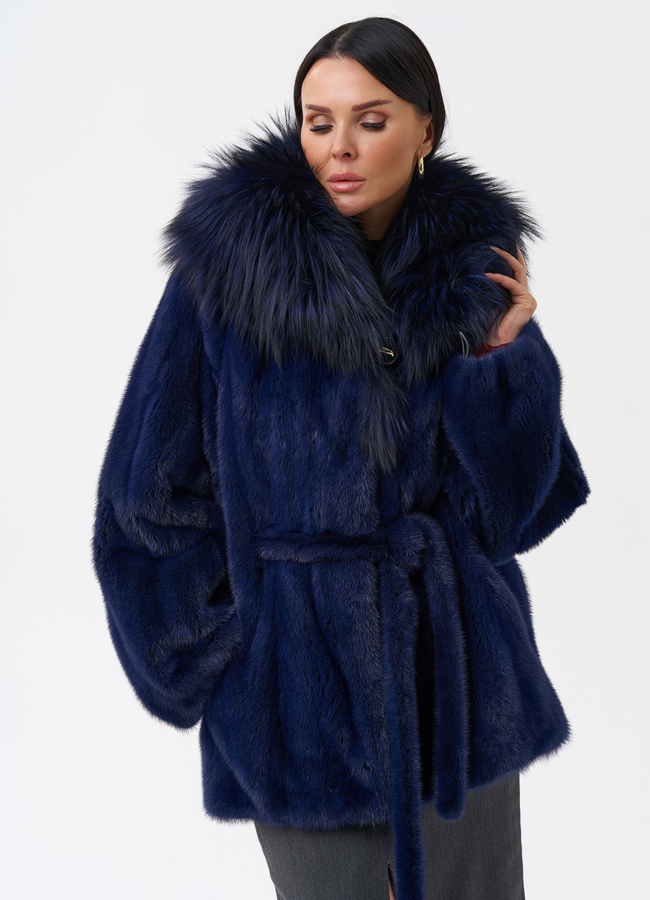 Синяя норковая шуба с капюшоном модель № 28098 универмаг малина