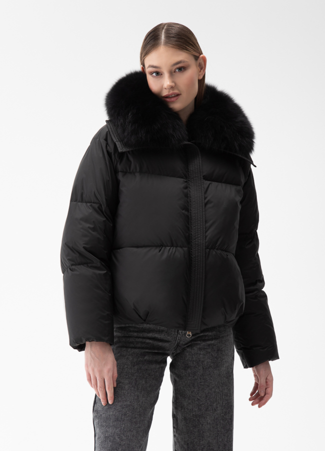 Женский пуховик с отделкой из меха песца модель № 28004 меха малина