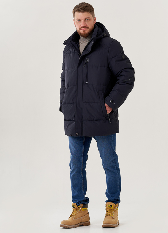 фото Мужской пуховик синего цвета с капюшоном  модель № 79628