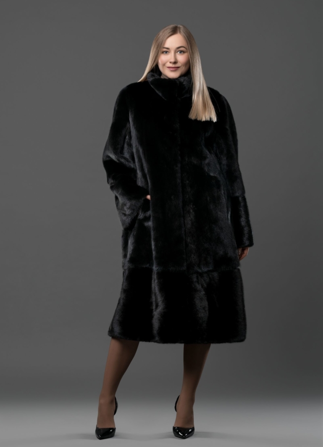 Норковая шуба с воротником стойка черного цвета  модель № S-774 в рассрочку