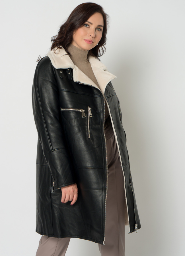 Дубленка из эко кожи с отложным воротником на молнии модель № 21697 универмаг малина