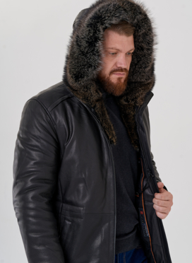 Мужской пуховик из натуральной кожи с мехом