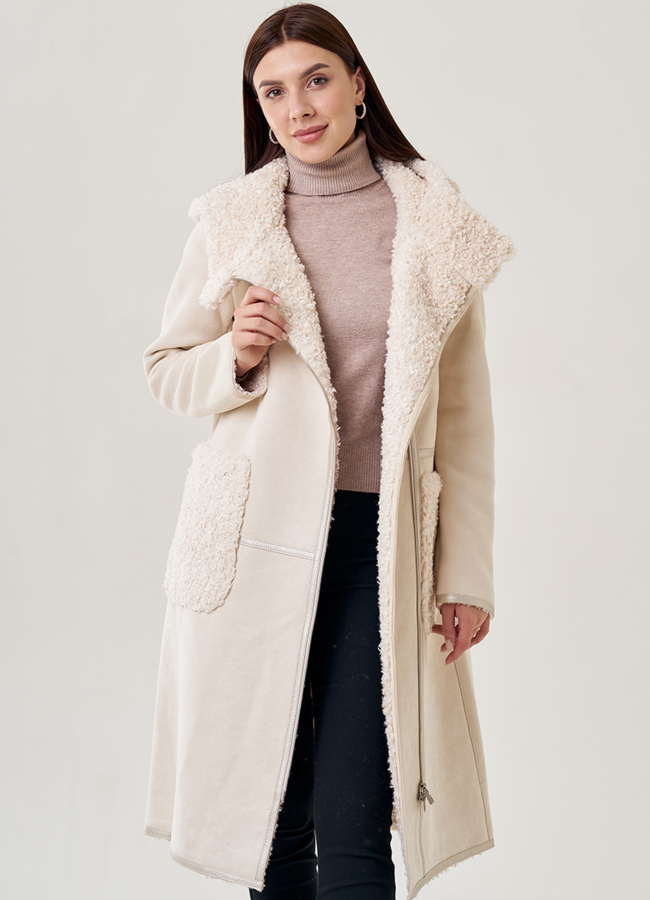 Длинная женская дубленка с капюшоном модель № 23070 универмаг малина