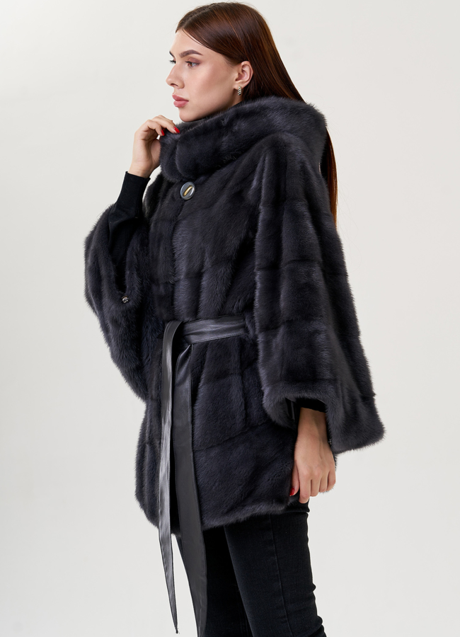 Шуба из норки в цвете графит с капюшоном  модель № 23359 универмаг малина