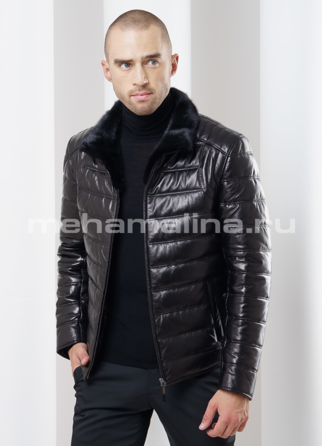 Мужской кожаный пуховик модель № ПМ-71 в кредит