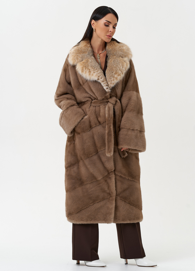 Женская шуба из меха норки с воротником из меха рыси модель № 31163 универмаг малина