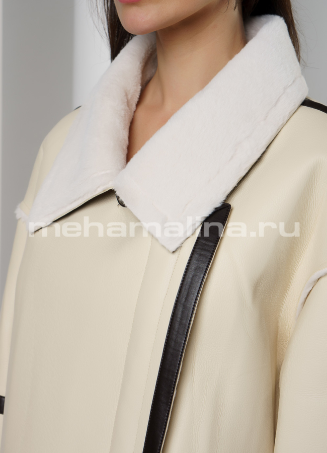 Светлая дубленка из эко кожи с отложным воротником на молнии модель № 9619 в рассрочку