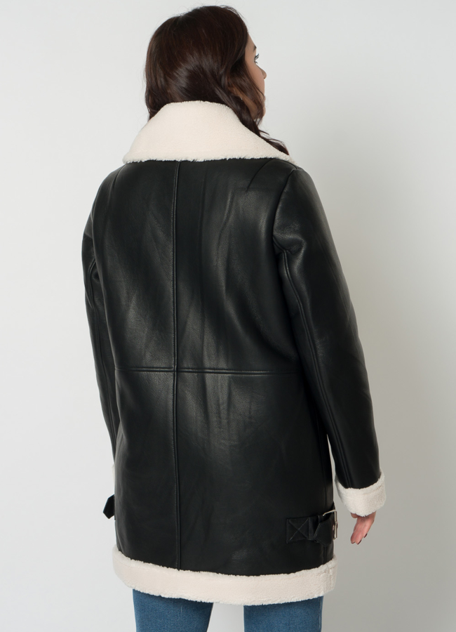 Удлиненная дубленка пилот из эко кожи в черном цвете модель № 21696 в рассрочку