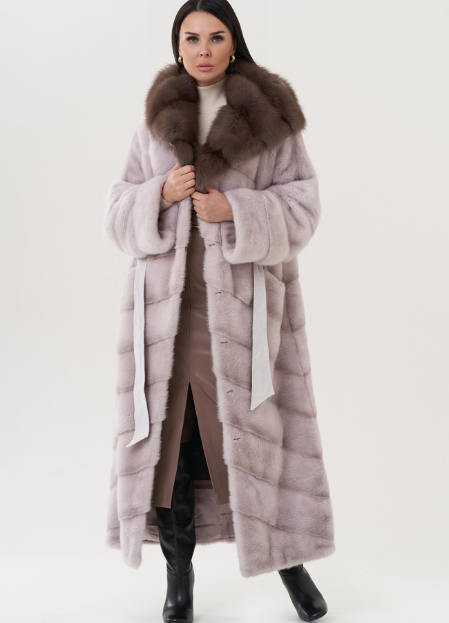 Шуба из норки с капюшоном из куницы  модель № 25813 в рассрочку