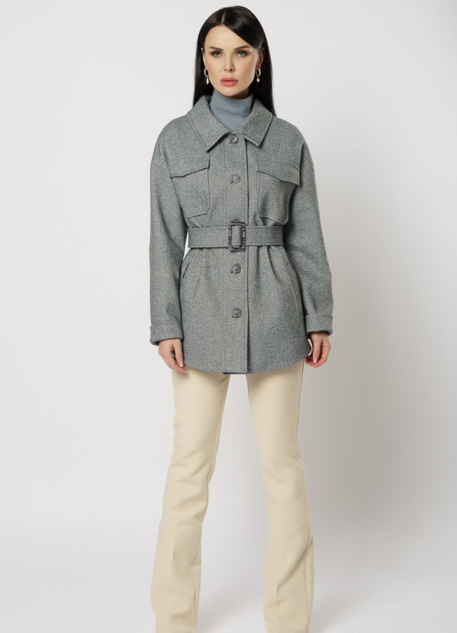 фото Женское пальто-рубашка серого цвета модель № 20762