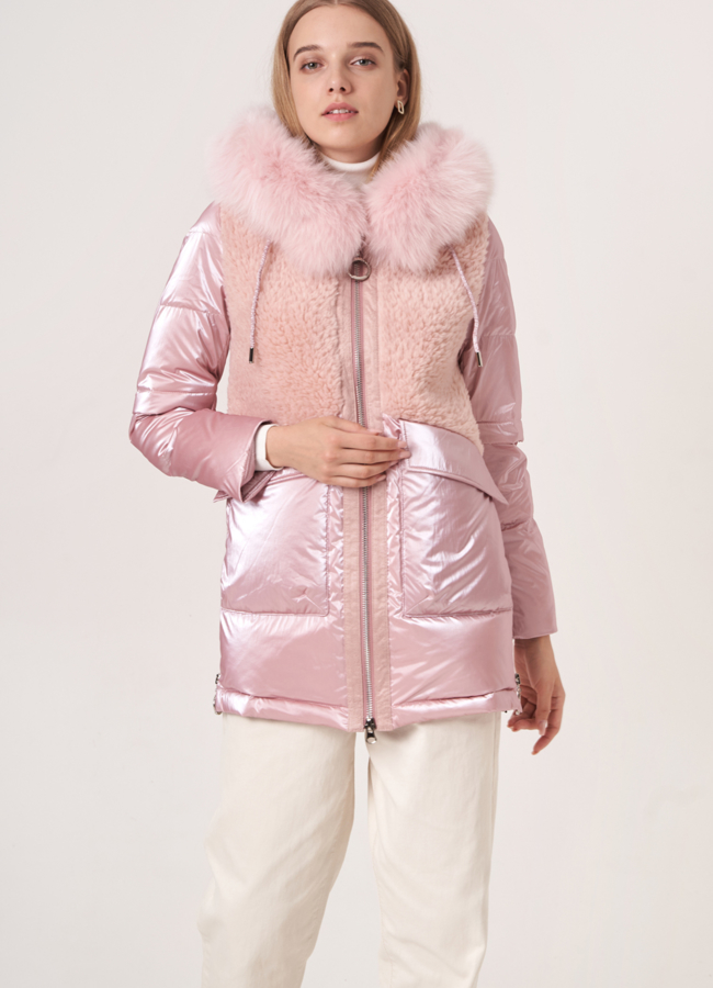 Комбинированный пуховик с шерстью модель № 912 меха малина