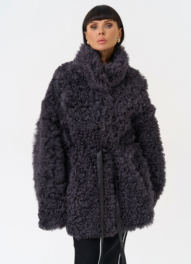 Женская двухсторонняя дубленка с декоративным поясом модель № 31617 меха малина Женская двухсторонняя дубленка с декоративным поясом модель № 31617 меха малина