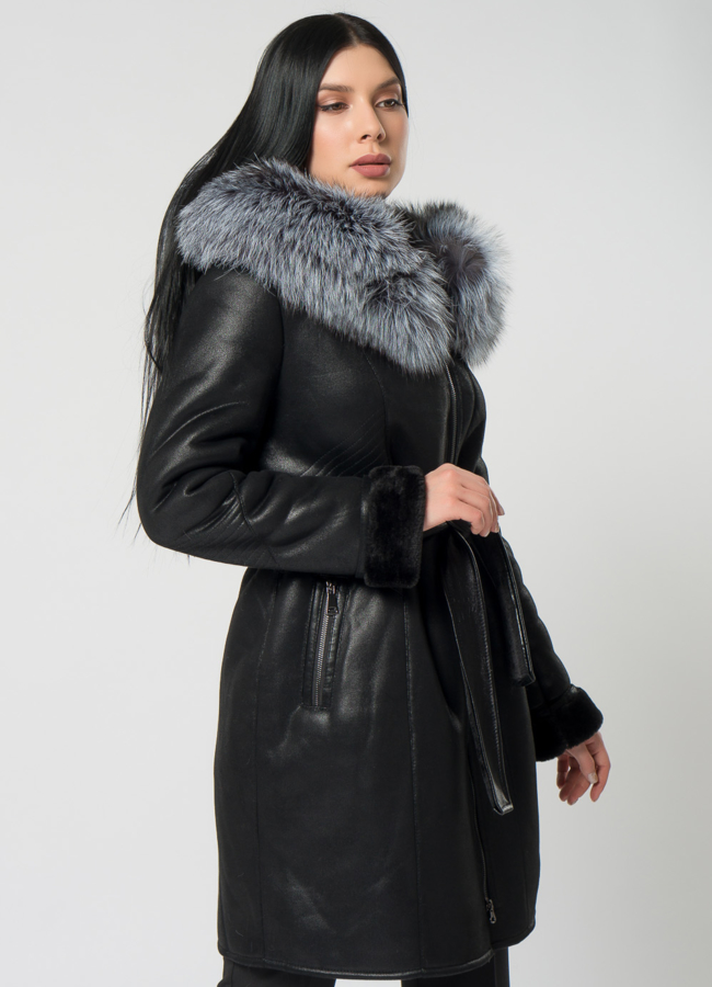 Дубленка из эко кожи черного цвета  модель № 22177 в рассрочку